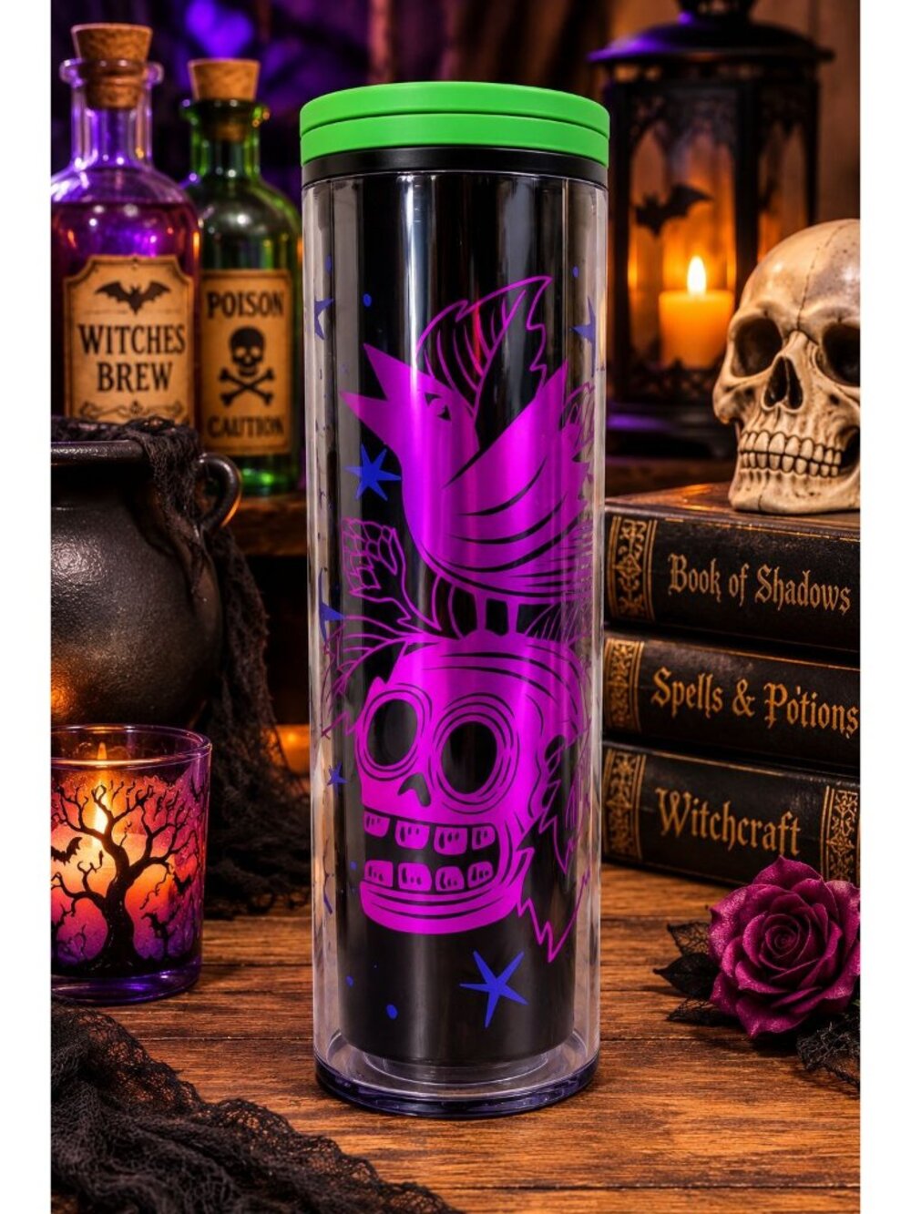 Starbucks 2020 Halloween Black Pink Skull Raven Crow Acrylic Tumbler Lid 16 oz